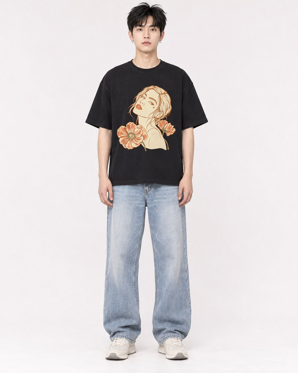 Mockup Boxy Heavyweight Tee Black male full-body 01