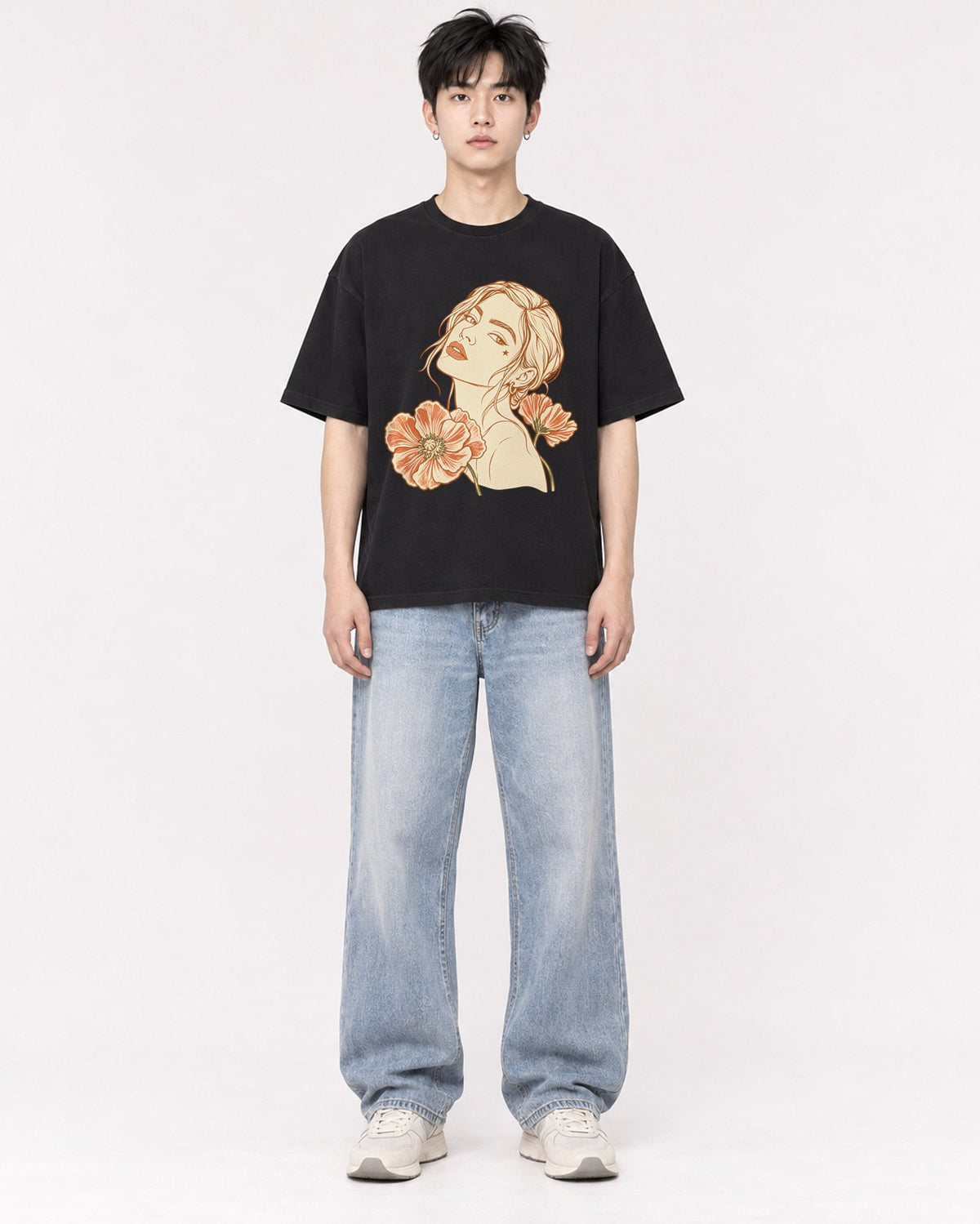 Mockup Boxy Heavyweight Tee Black male full-body 01