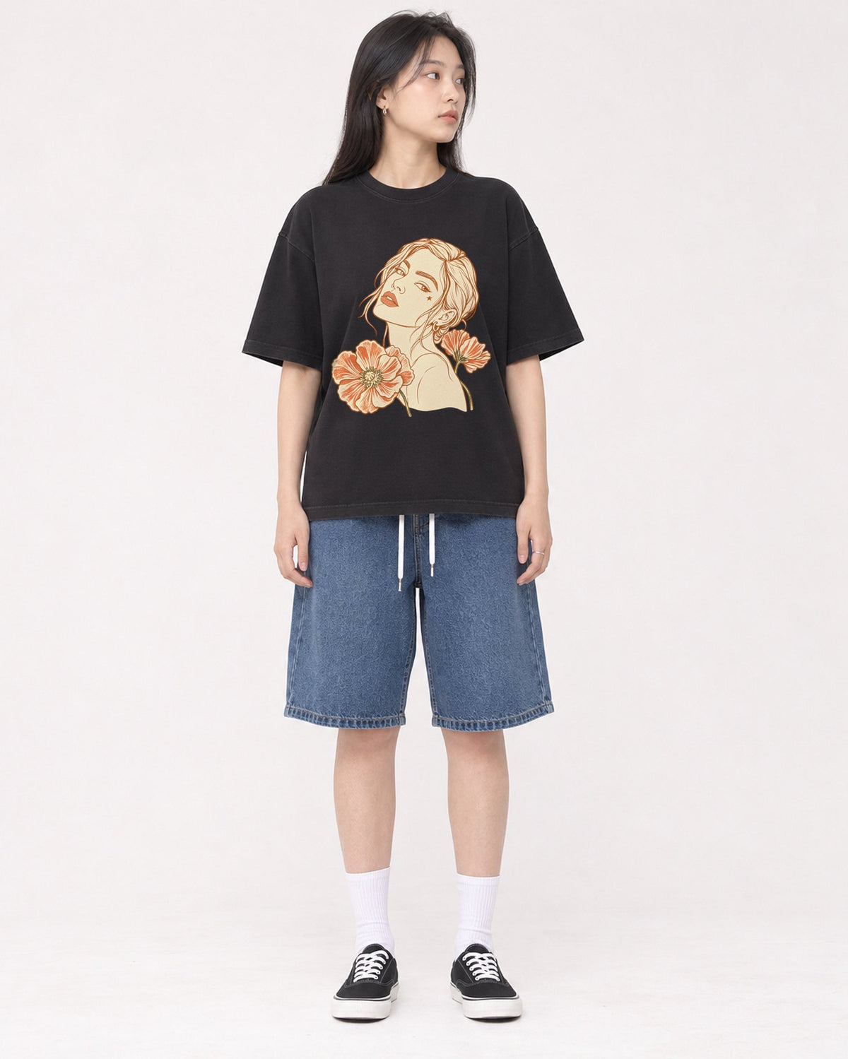 Mockup Boxy Heavyweight Tee Black female full-body 01