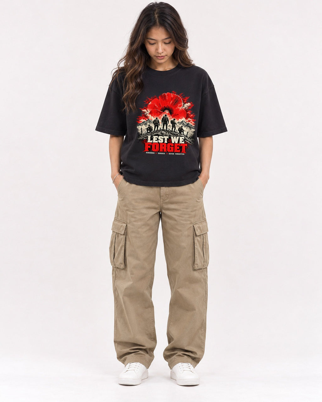 Mockup Boxy Heavyweight Tee Black female full-body 02