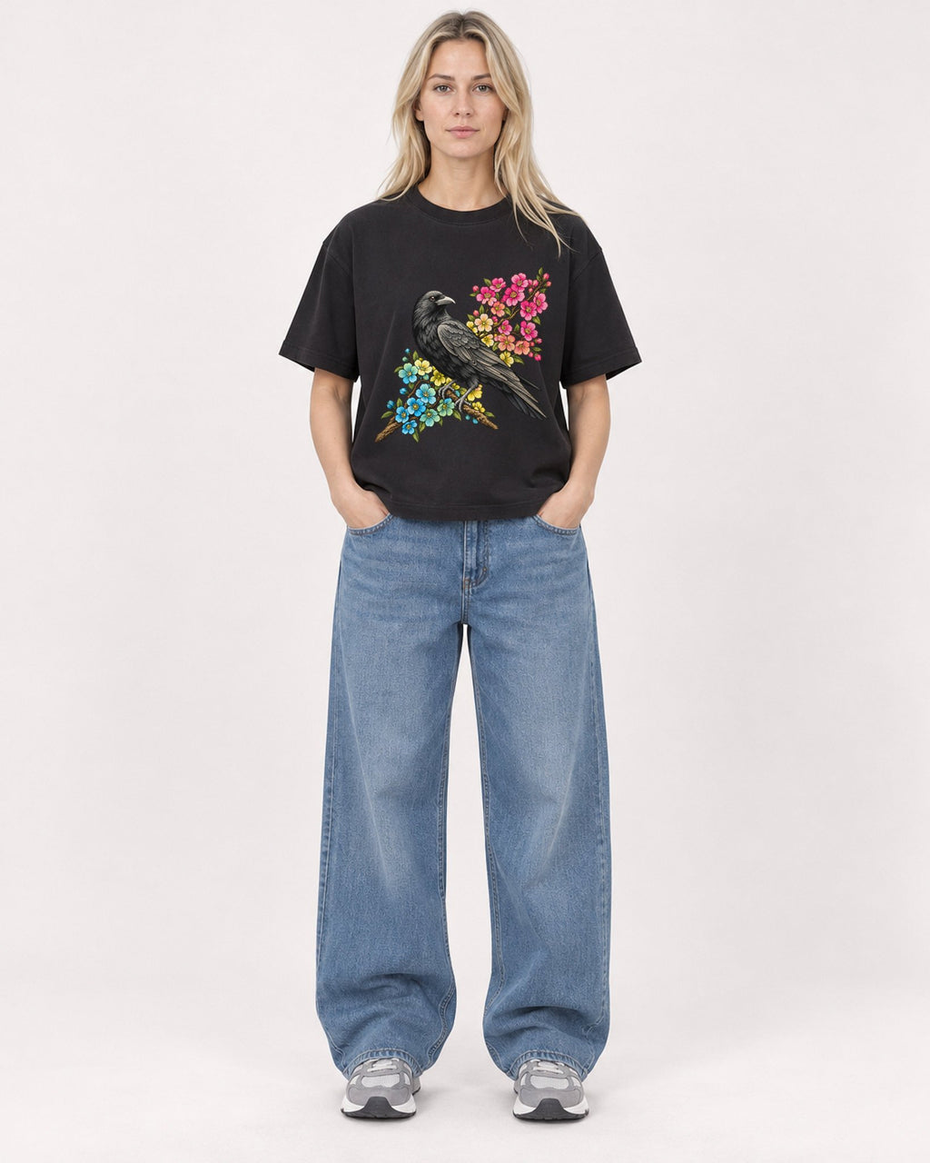 Mockup Boxy Heavyweight Tee Black female full-body 08
