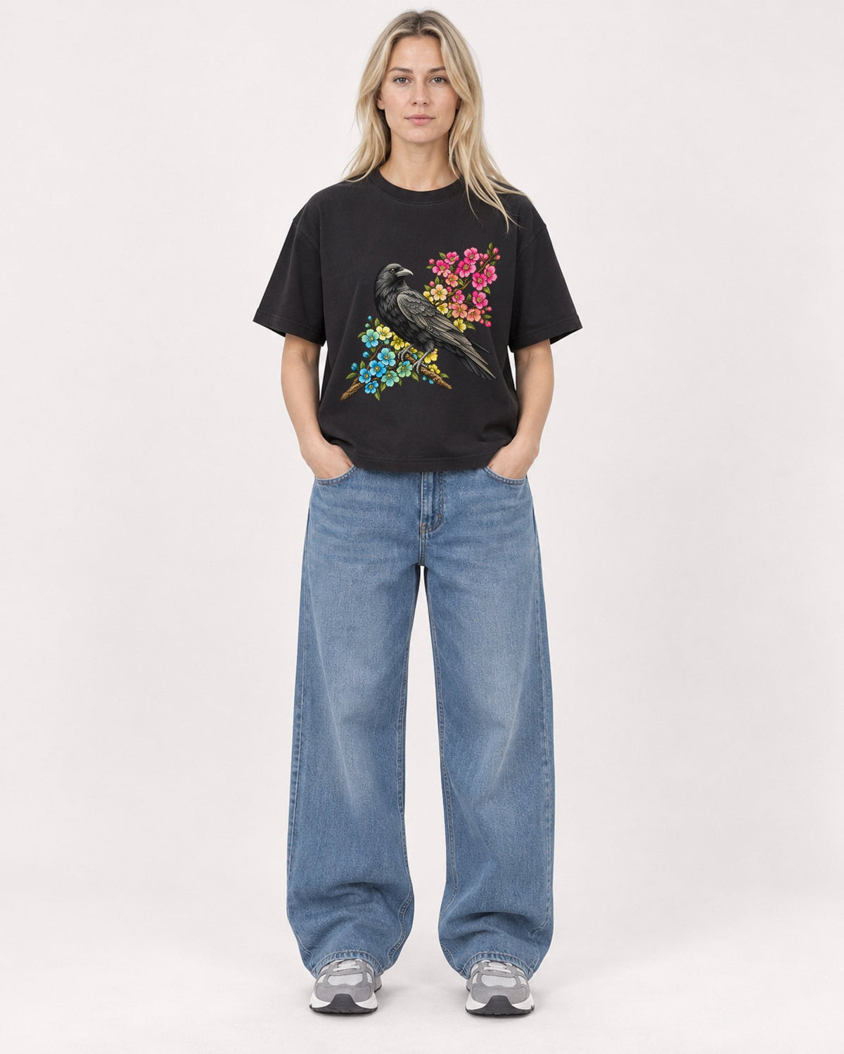 Mockup Boxy Heavyweight Tee Black female full-body 08