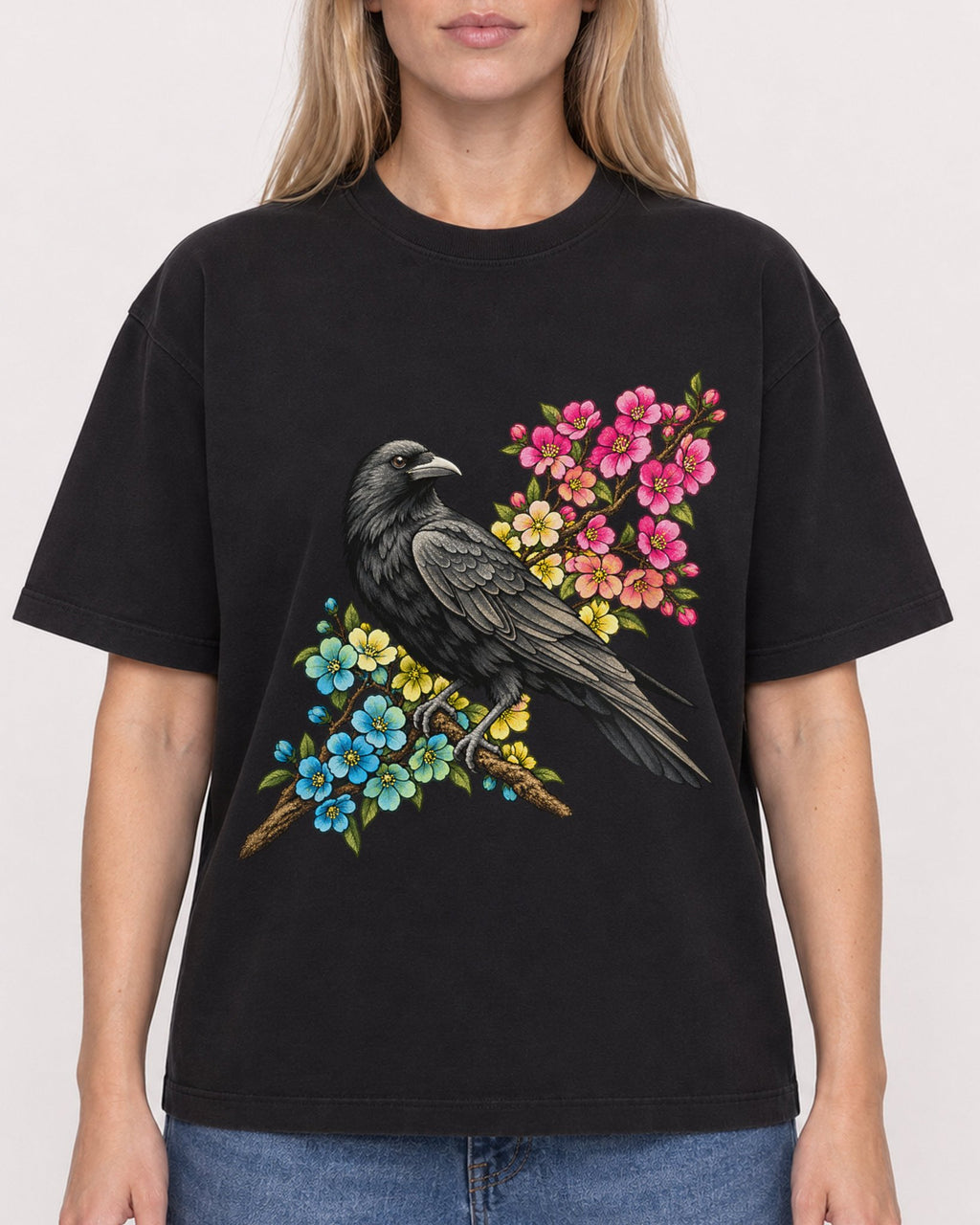 Mockup Boxy Heavyweight Tee Black female close-up 08