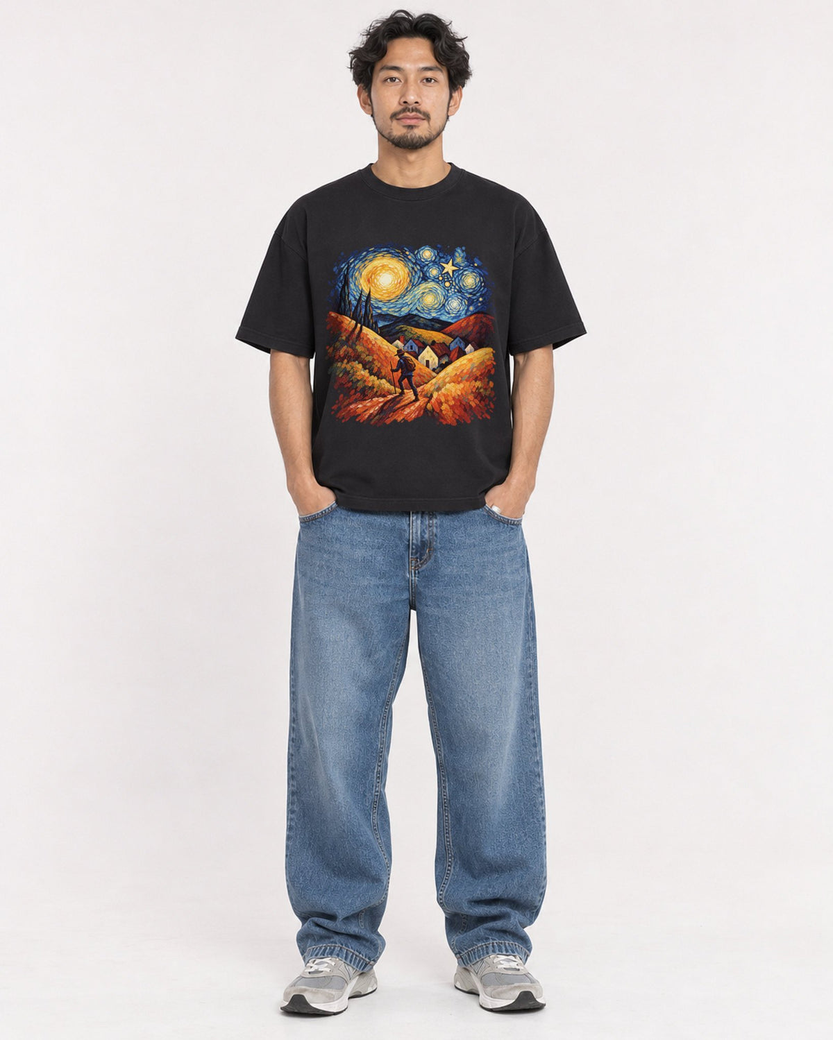 Mockup Boxy Heavyweight Tee Black male full-body 02