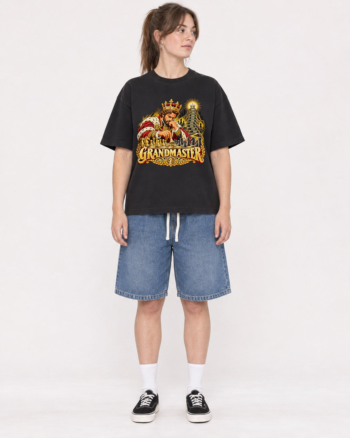 Mockup Boxy Heavyweight Tee Black female full-body 29