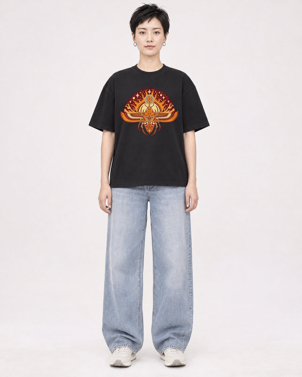 Mockup Boxy Heavyweight Tee Black female full-body 23