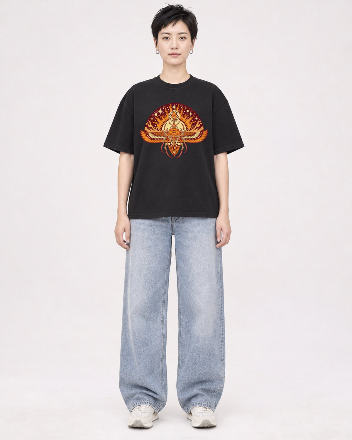 Mockup Boxy Heavyweight Tee Black female full-body 23