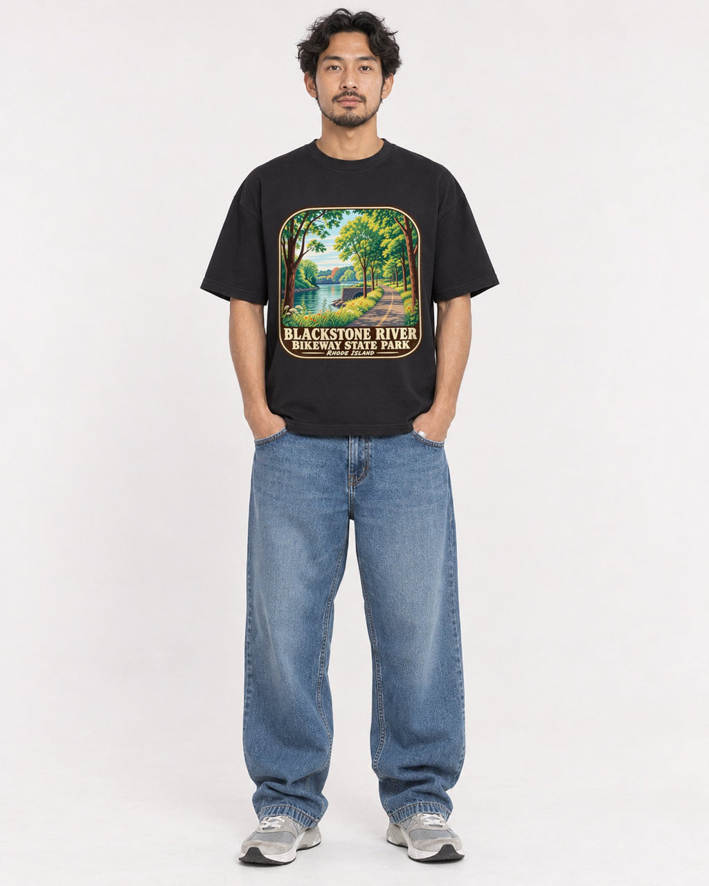 Mockup Boxy Heavyweight Tee Black male full-body 02