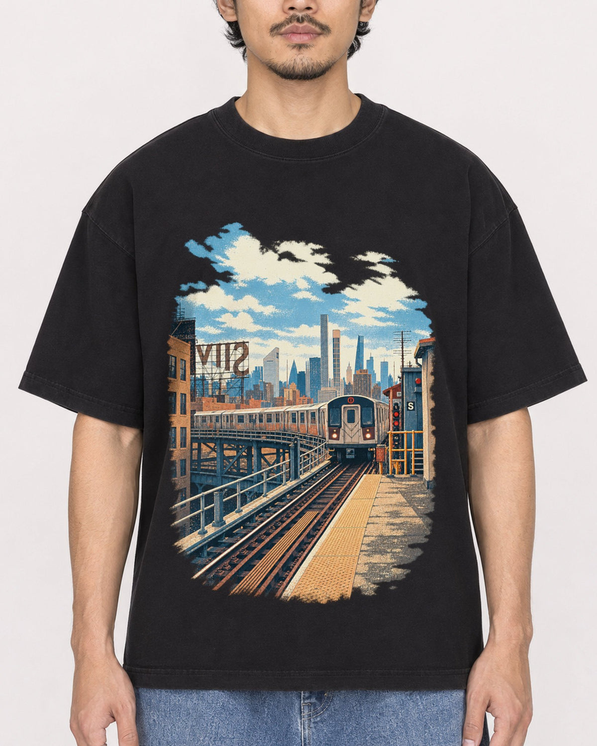 Mockup Boxy Heavyweight Tee Black male close-up 02