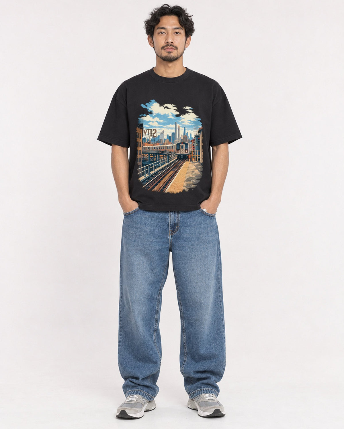Mockup Boxy Heavyweight Tee Black male full-body 02