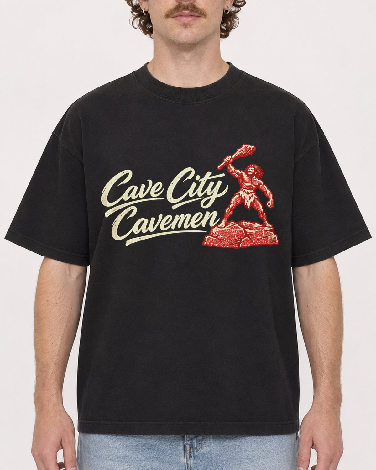Mockup Boxy Heavyweight Tee Black male close-up 09