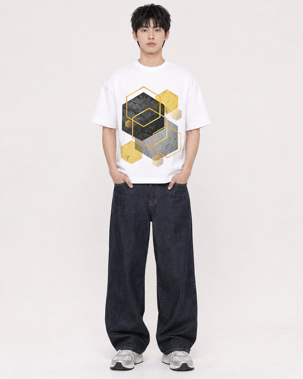 Mockup Boxy Heavyweight Tee White male full-body 01