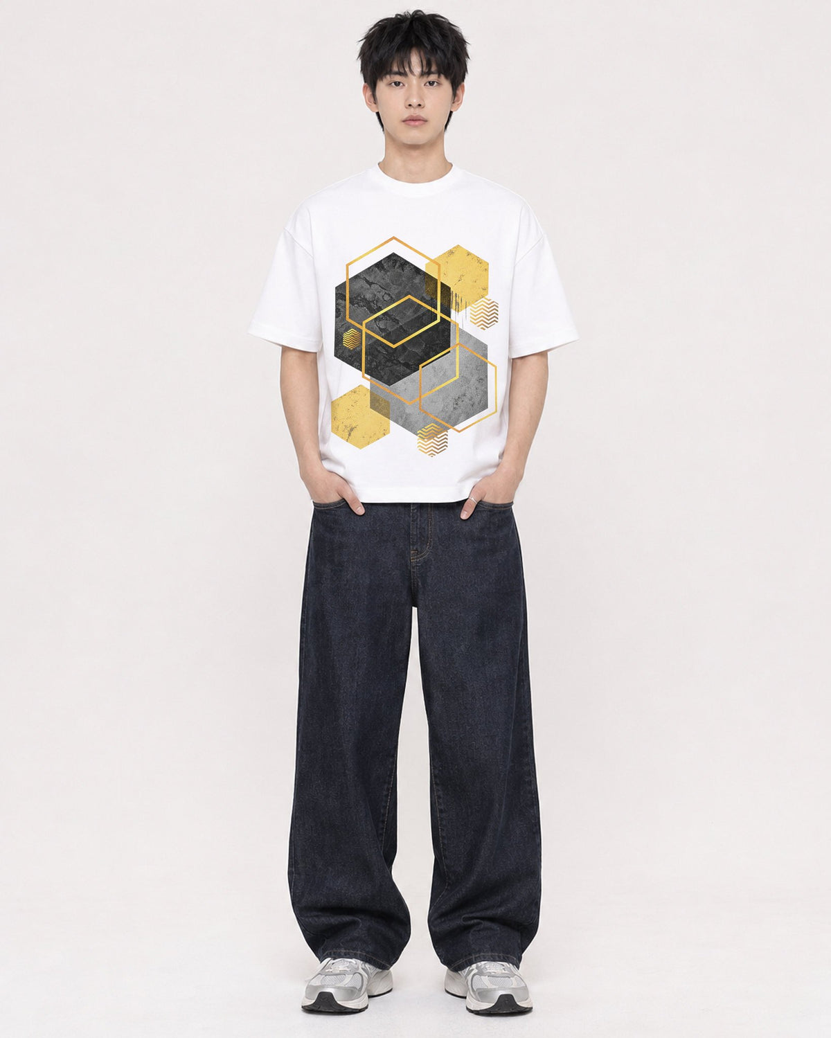 Mockup Boxy Heavyweight Tee White male full-body 01