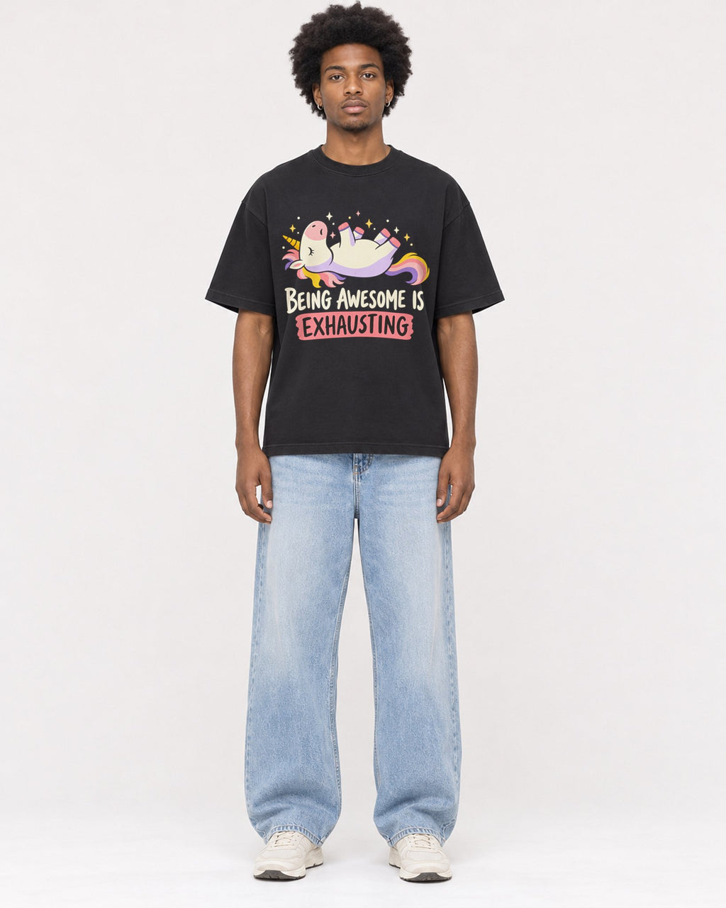 Mockup Boxy Heavyweight Tee Black male full-body 45