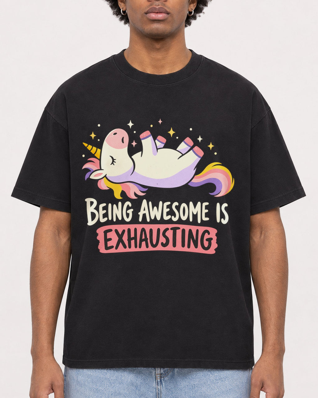 Mockup Boxy Heavyweight Tee Black male close-up 45