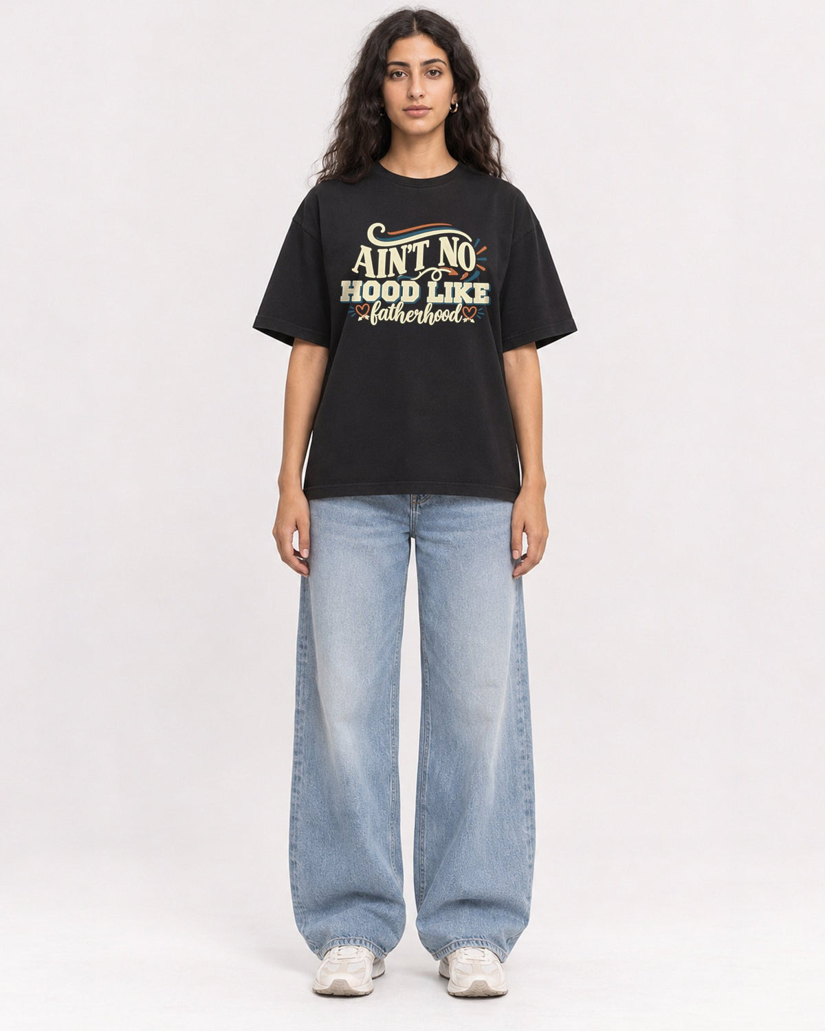 Mockup Boxy Heavyweight Tee Black female full-body 07