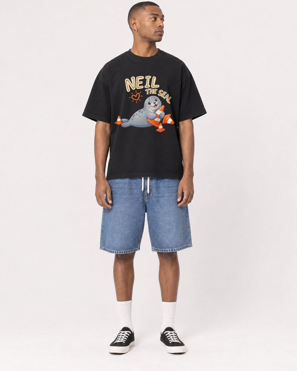 Mockup Boxy Heavyweight Tee Black male full-body 35