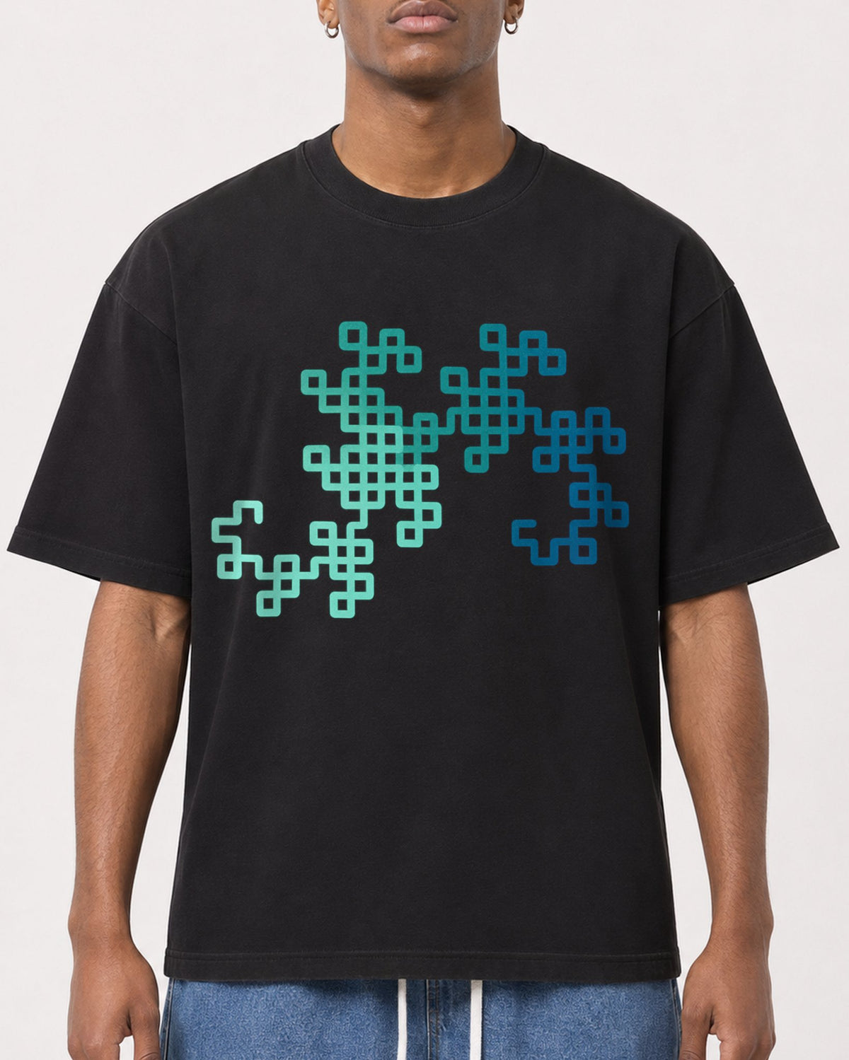 Mockup Boxy Heavyweight Tee Black male close-up 15
