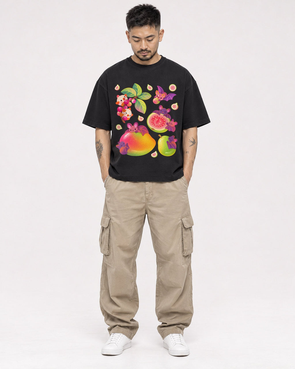 Mockup Boxy Heavyweight Tee Black male full-body 12