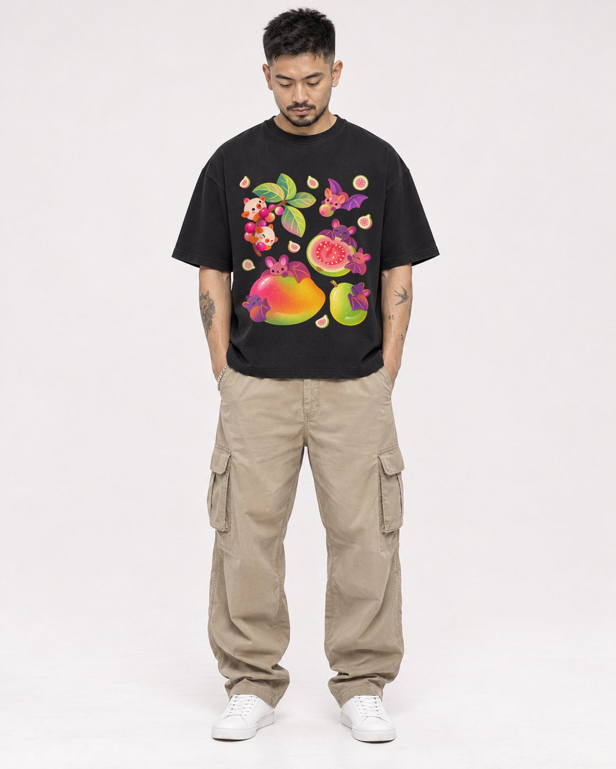 Mockup Boxy Heavyweight Tee Black male full-body 12