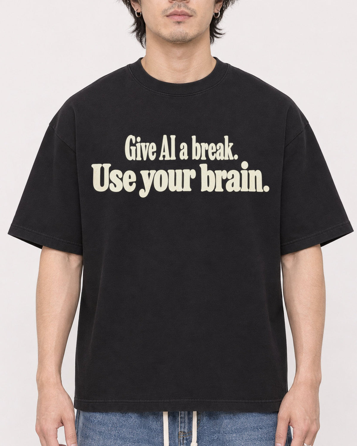 Mockup Boxy Heavyweight Tee Black male close-up 03