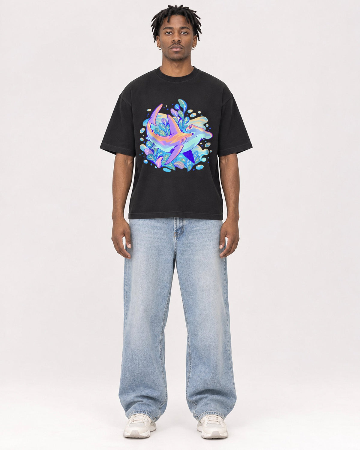 Mockup Boxy Heavyweight Tee Black male full-body 05