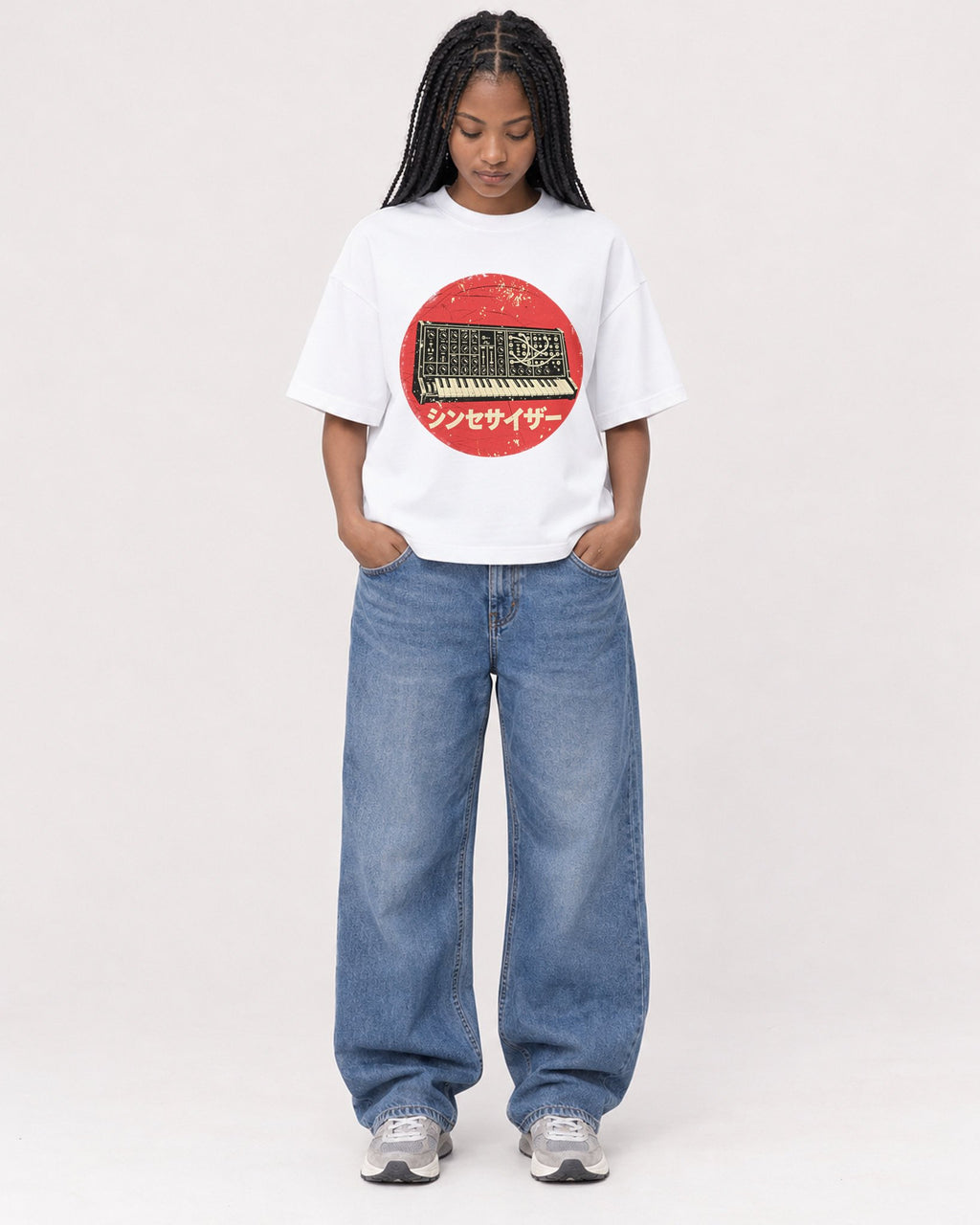 Mockup Boxy Heavyweight Tee White female full-body 45