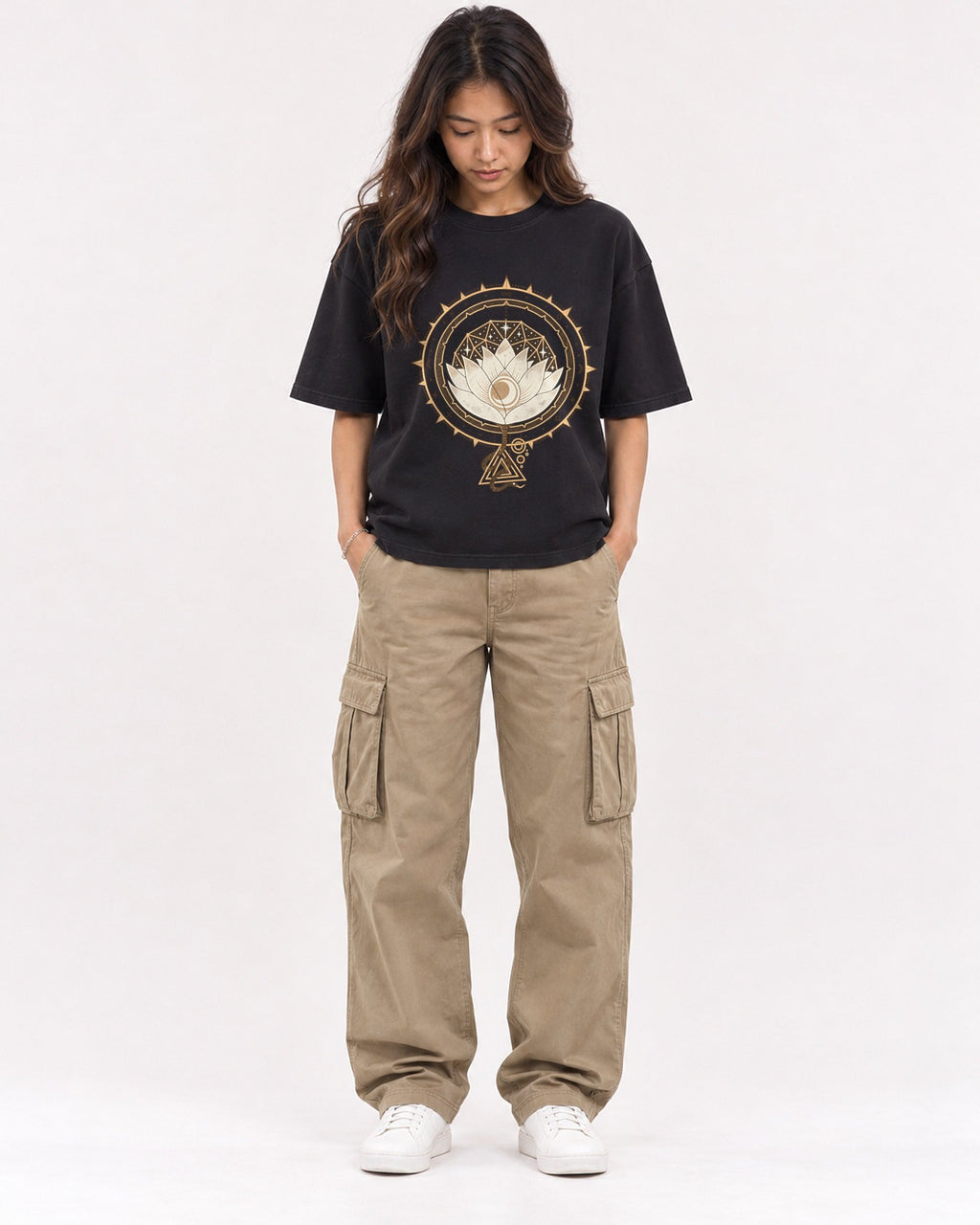 Mockup Boxy Heavyweight Tee Black female full-body 02