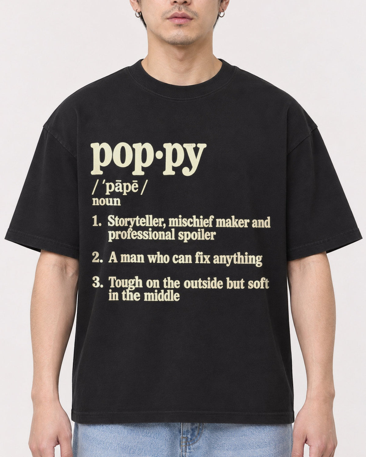 Mockup Boxy Heavyweight Tee Black male close-up 13