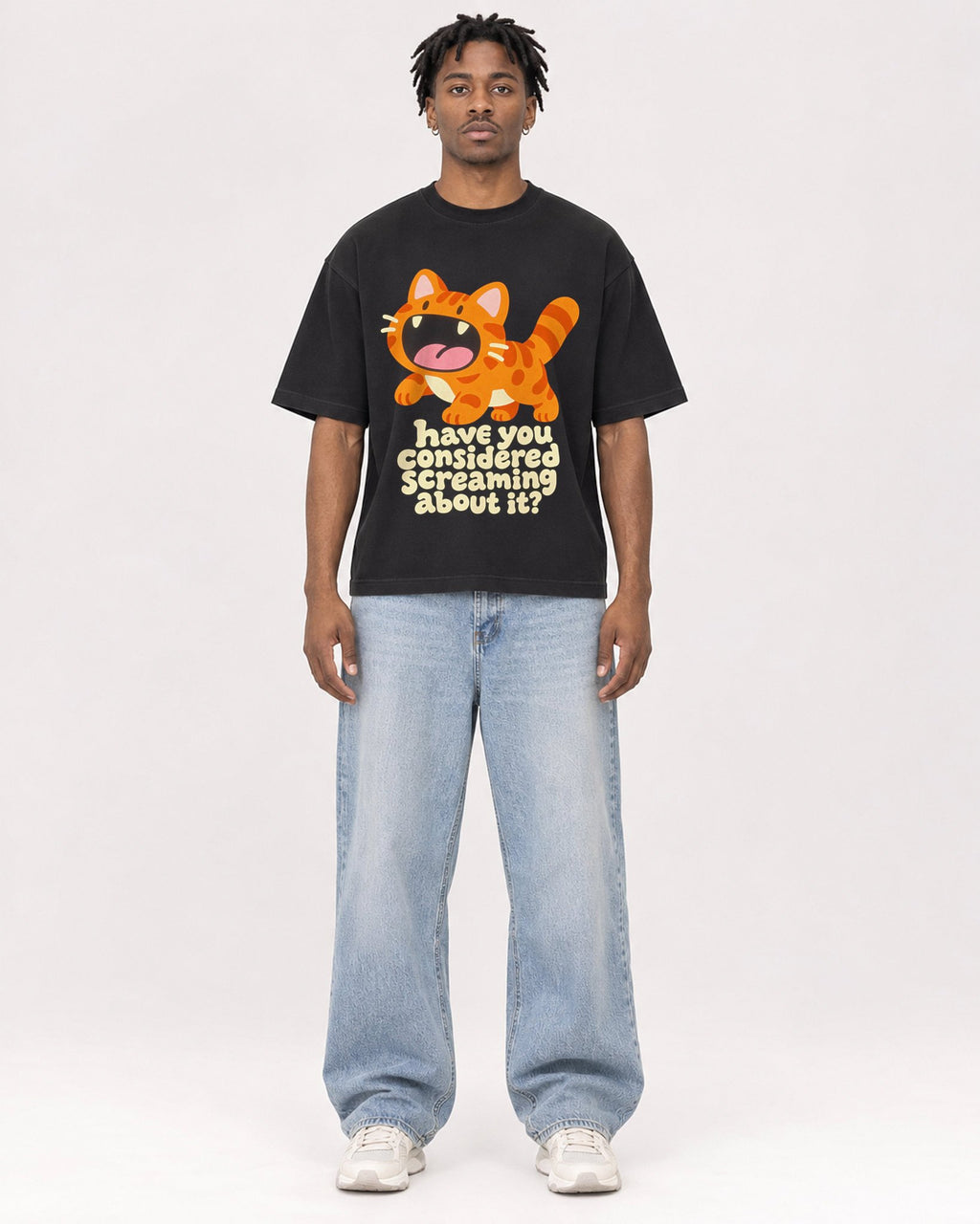 Mockup Boxy Heavyweight Tee Black male full-body 05