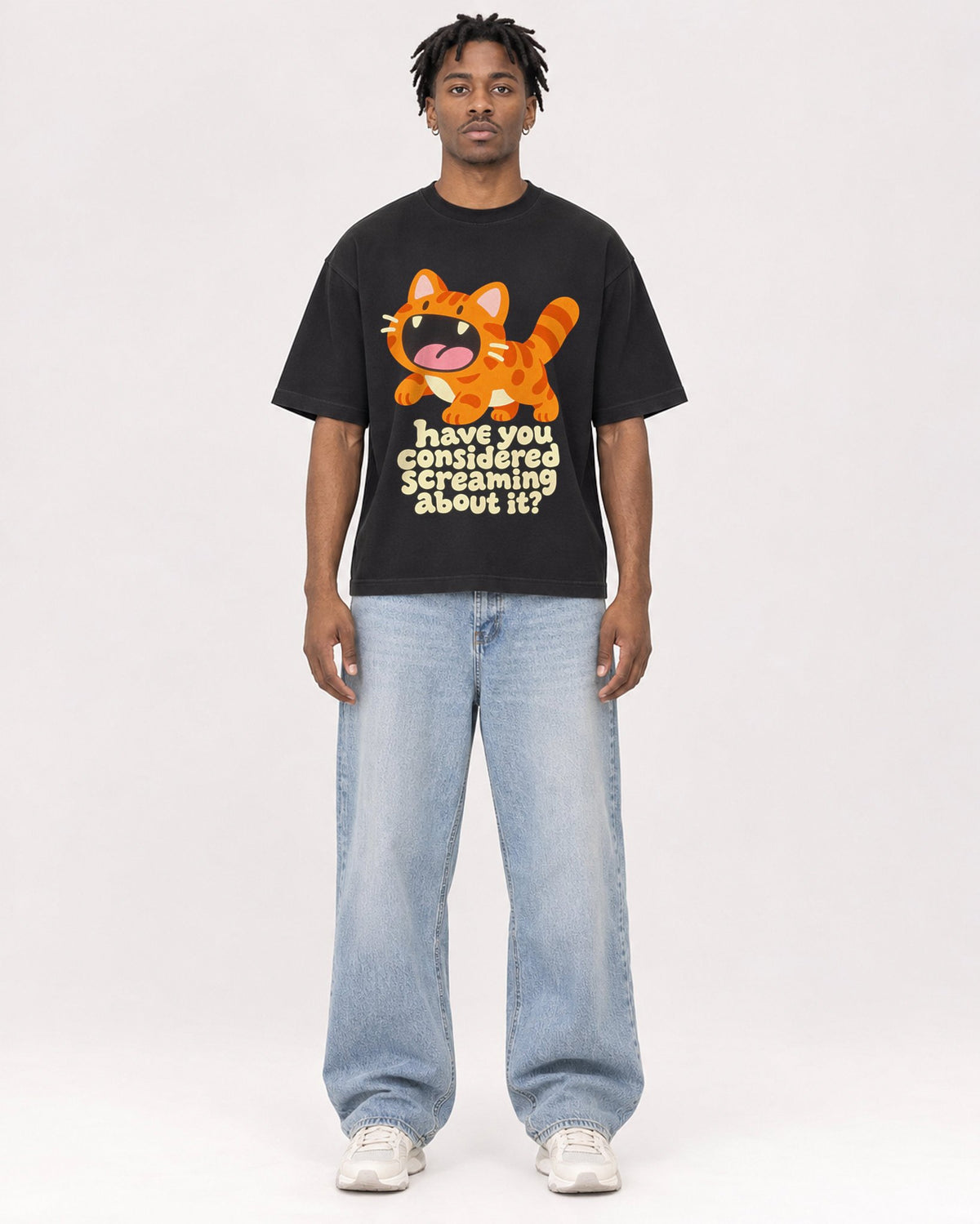 Mockup Boxy Heavyweight Tee Black male full-body 05