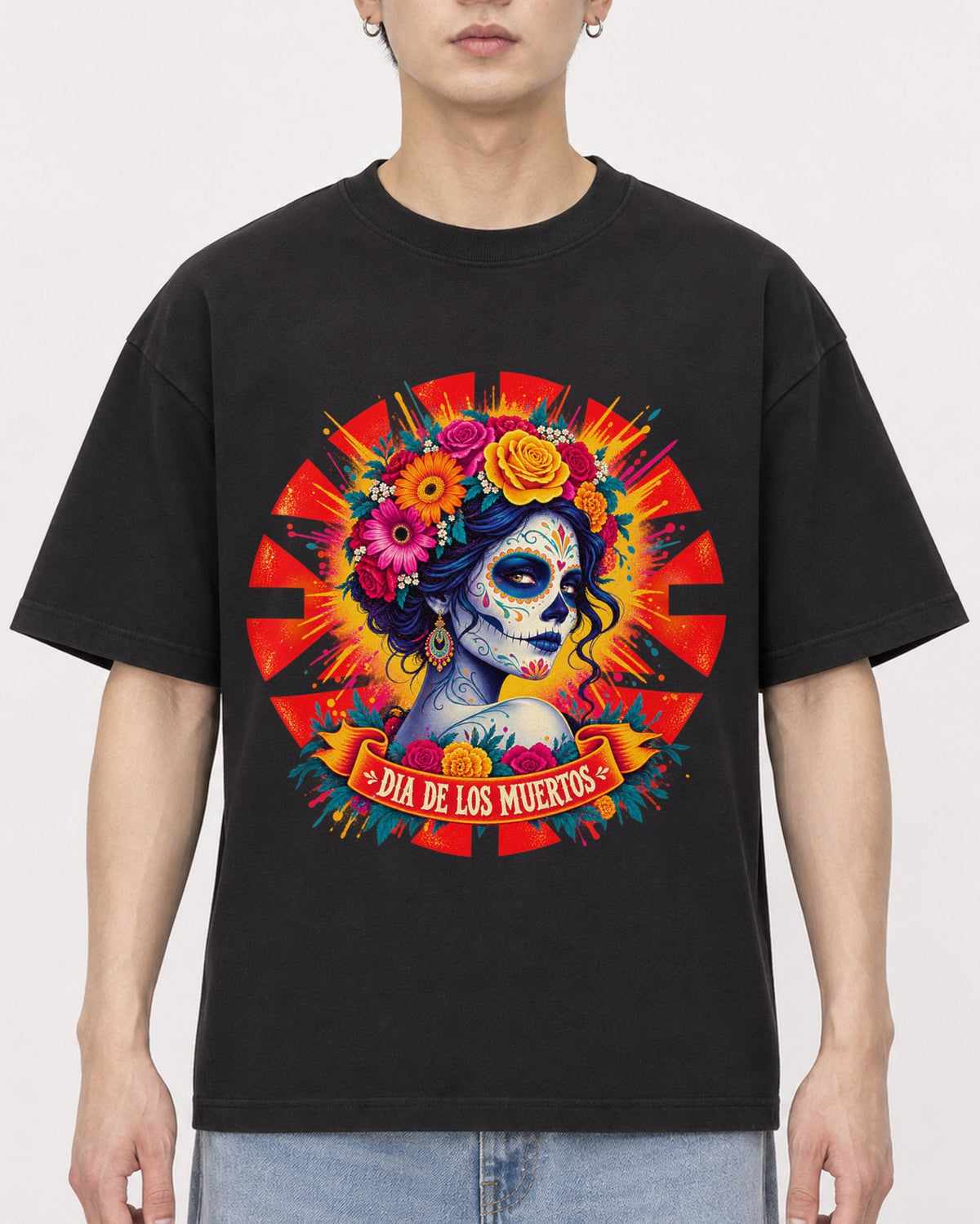 Mockup Boxy Heavyweight Tee Black male close-up 01