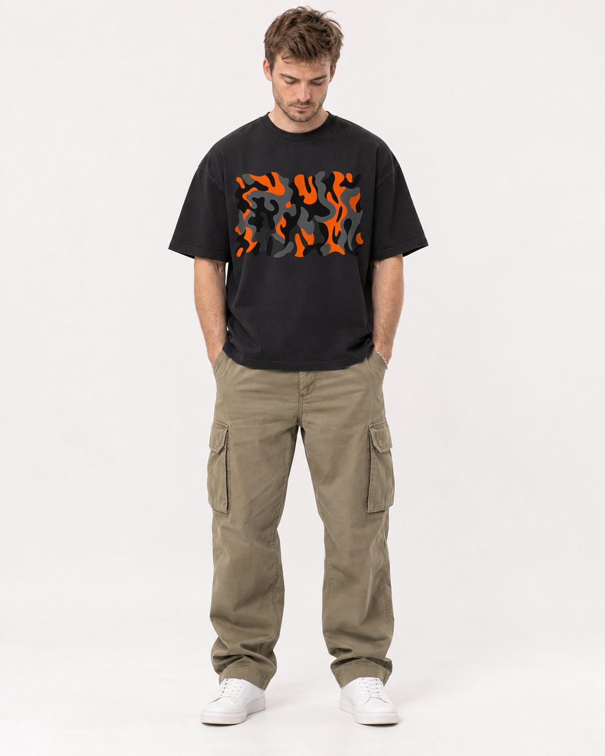 Mockup Boxy Heavyweight Tee Black male full-body 08