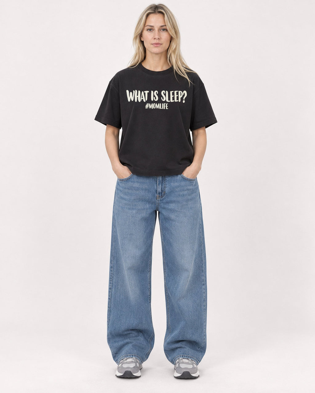 Mockup Boxy Heavyweight Tee Black female full-body 08