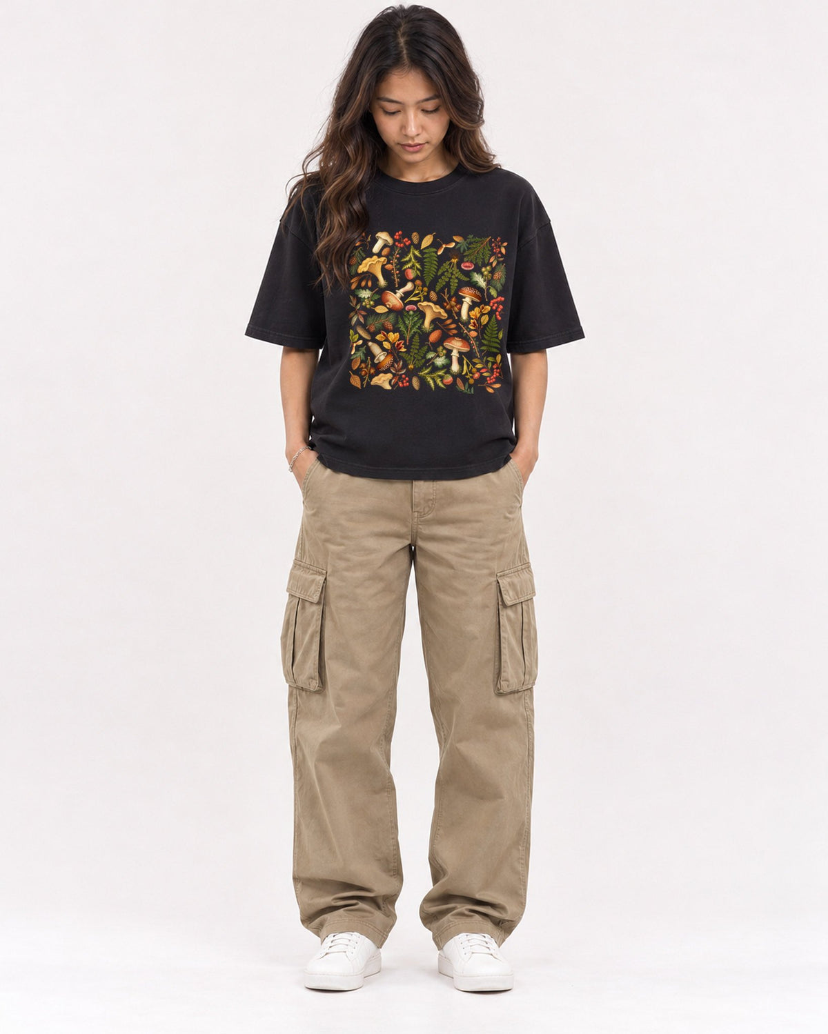 Mockup Boxy Heavyweight Tee Black female full-body 02