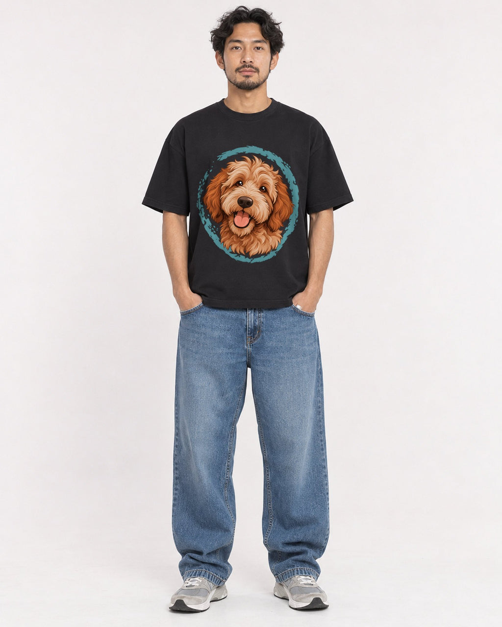 Mockup Boxy Heavyweight Tee Black male full-body 02