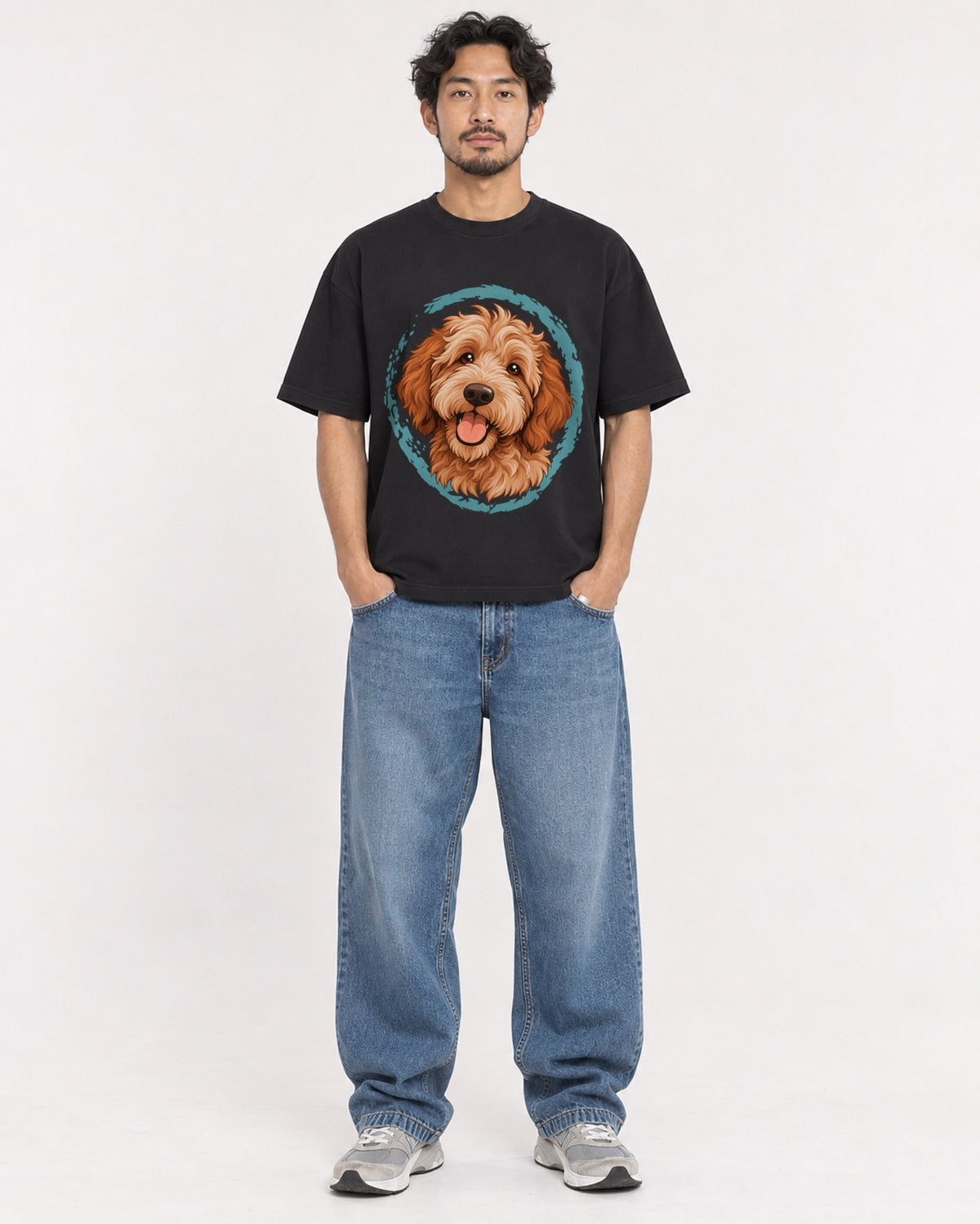 Mockup Boxy Heavyweight Tee Black male full-body 02