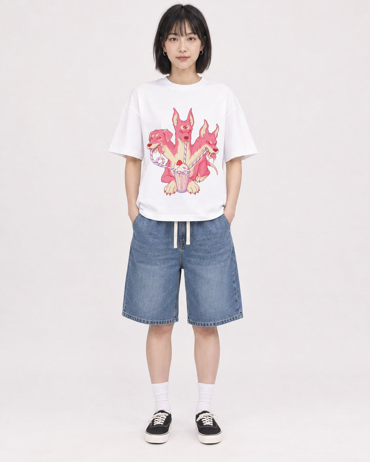 Mockup Boxy Heavyweight Tee White female full-body 11