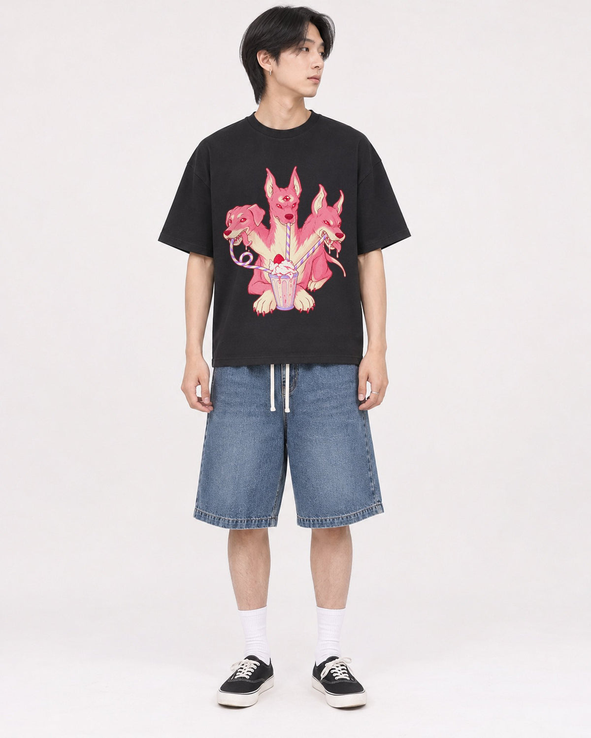 Mockup Boxy Heavyweight Tee Black male full-body 11