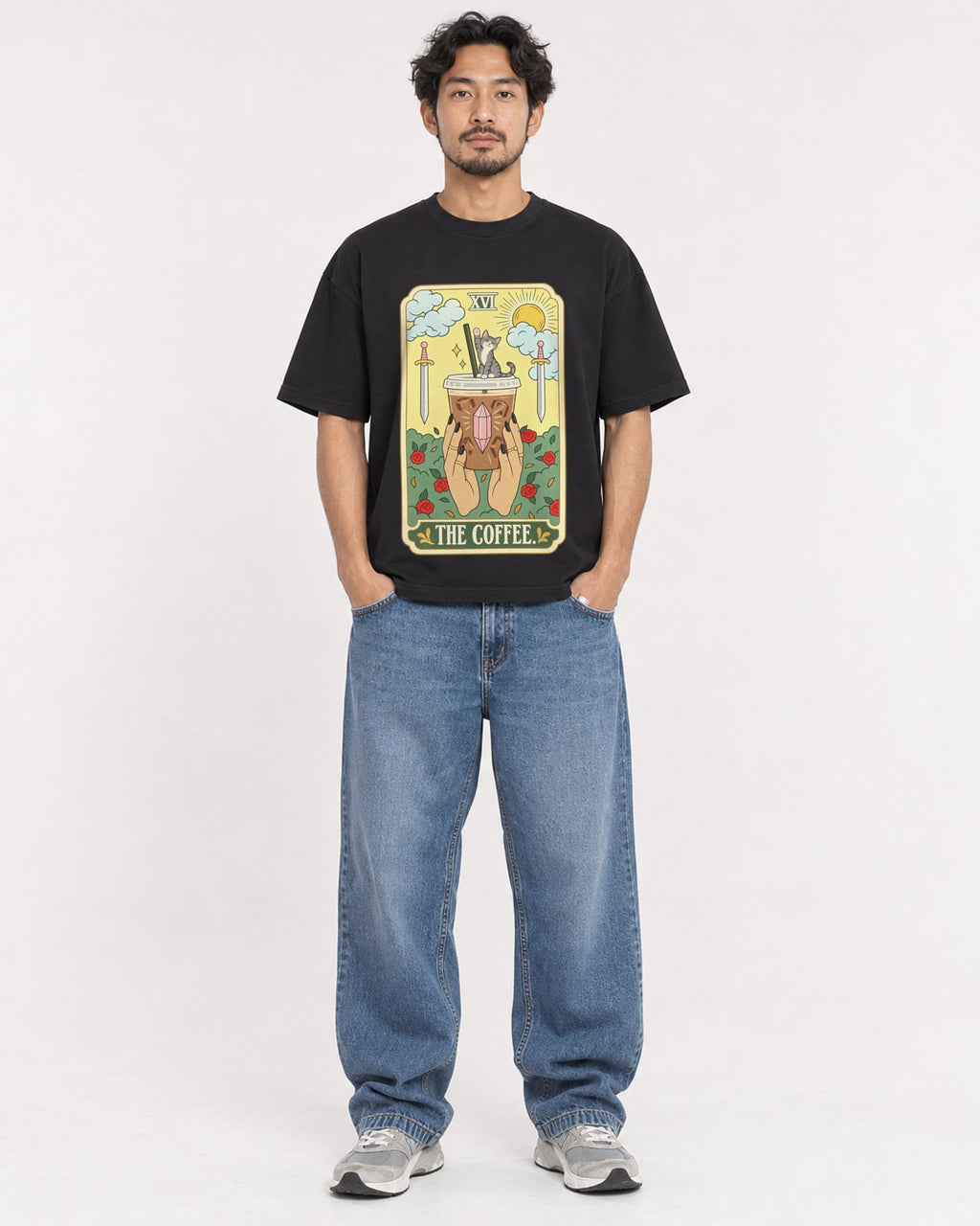 Mockup Boxy Heavyweight Tee Black male full-body 02