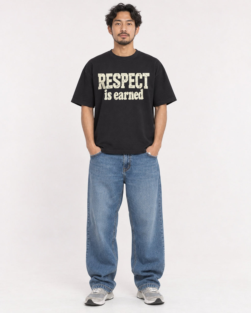 Mockup Boxy Heavyweight Tee Black male full-body 02