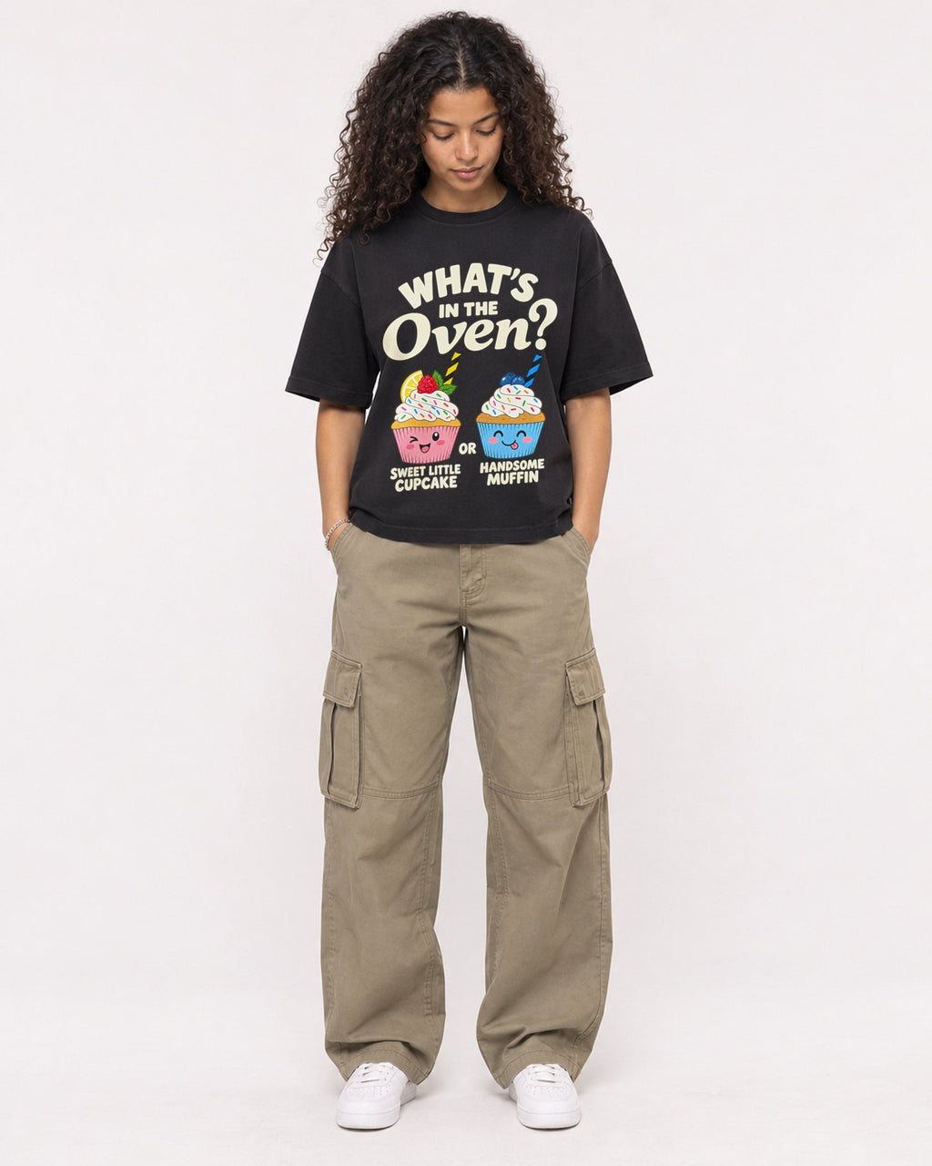 Mockup Boxy Heavyweight Tee Black female full-body 10