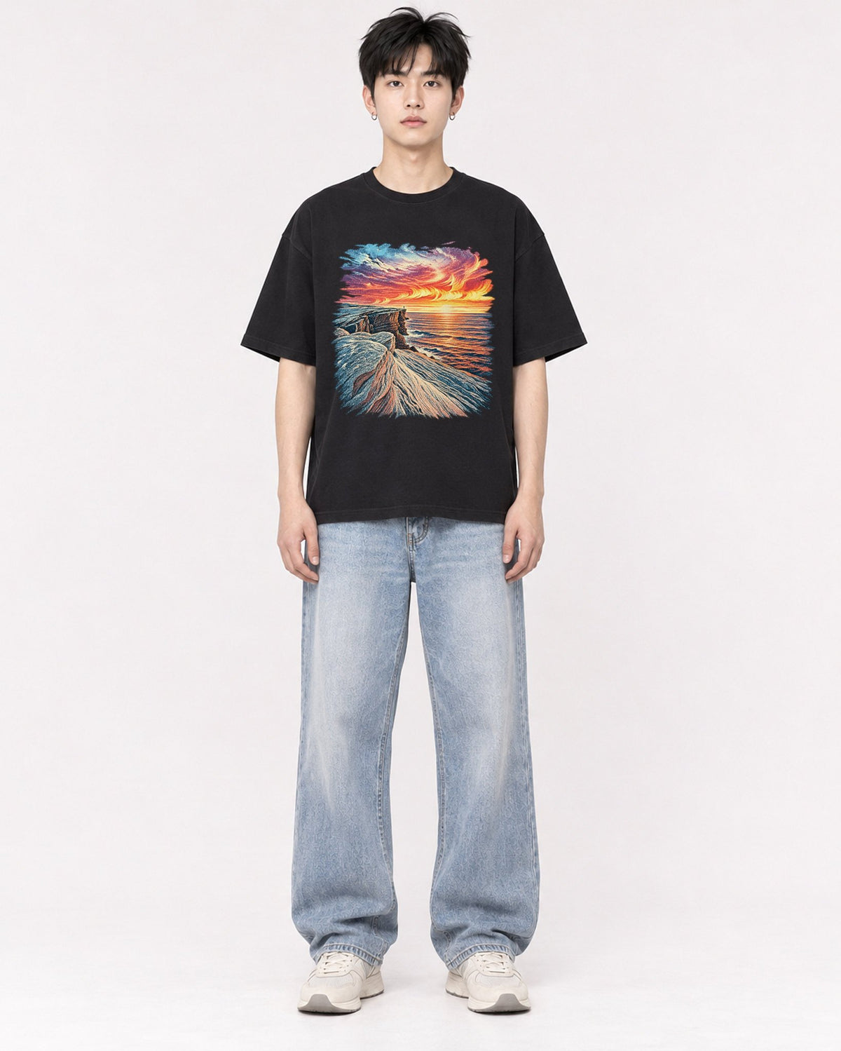 Mockup Boxy Heavyweight Tee Black male full-body 01