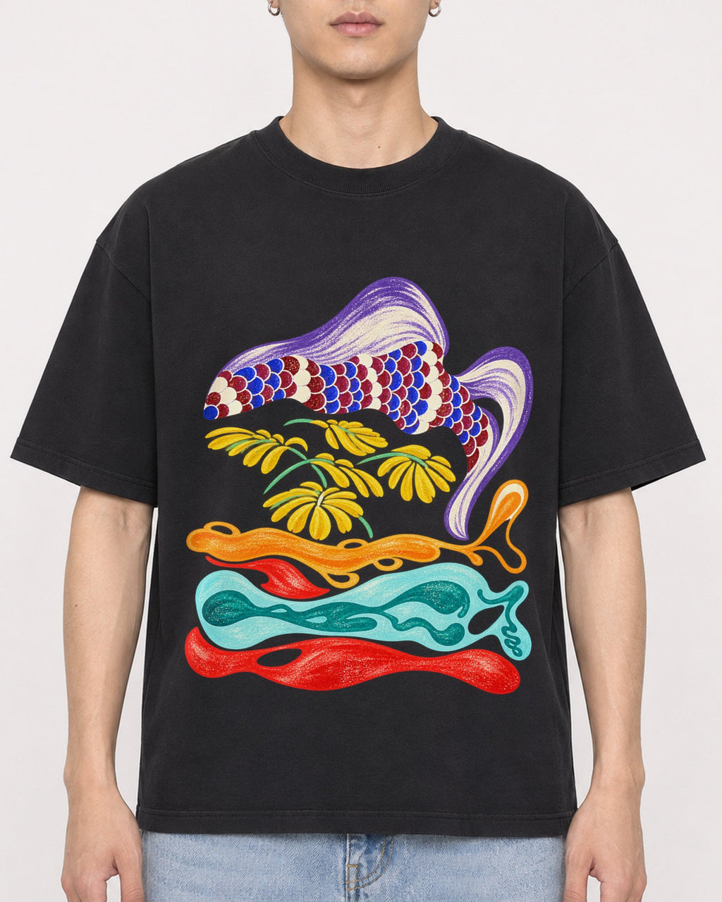 Mockup Boxy Heavyweight Tee Black male close-up 21
