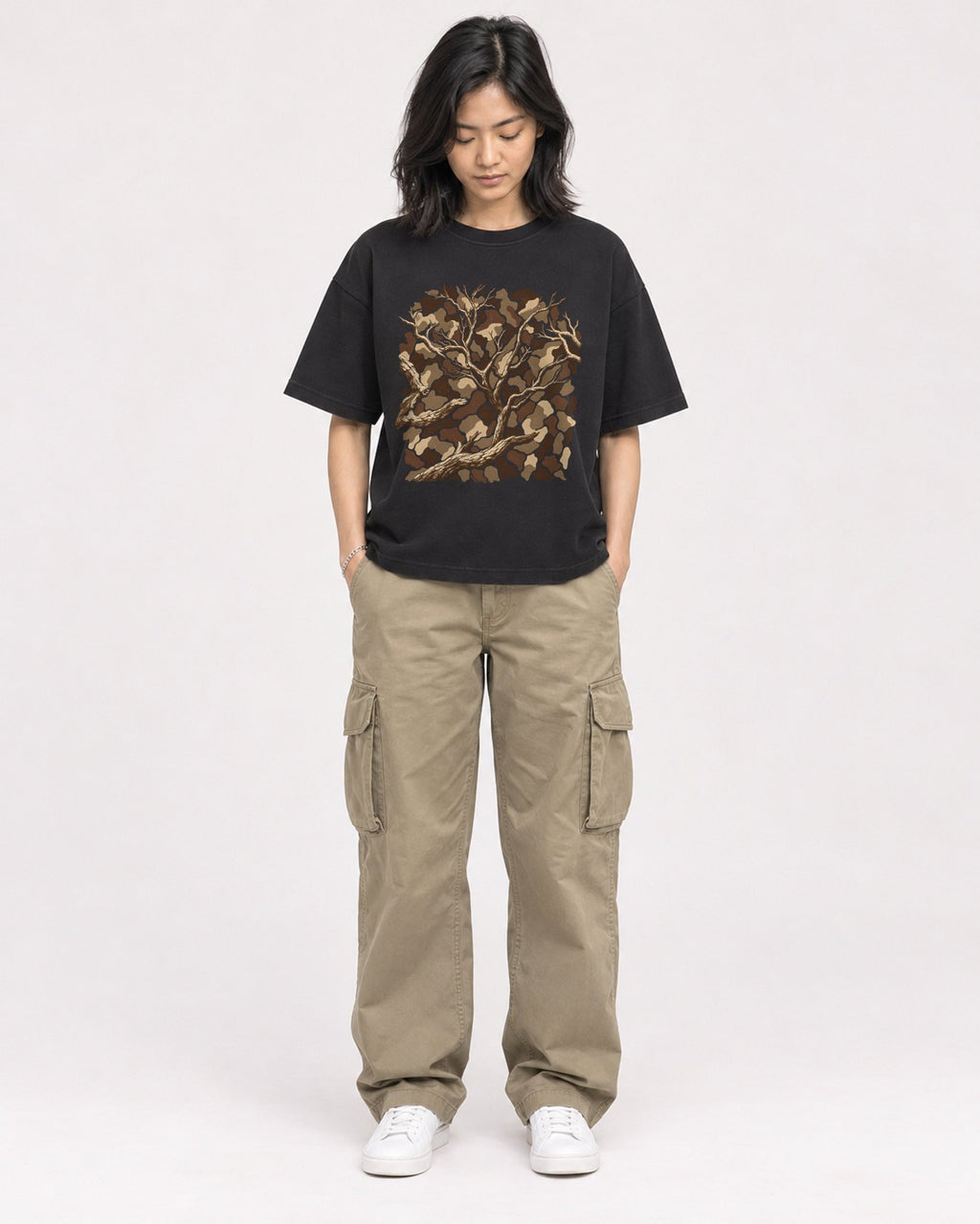 Mockup Boxy Heavyweight Tee Black female full-body 22