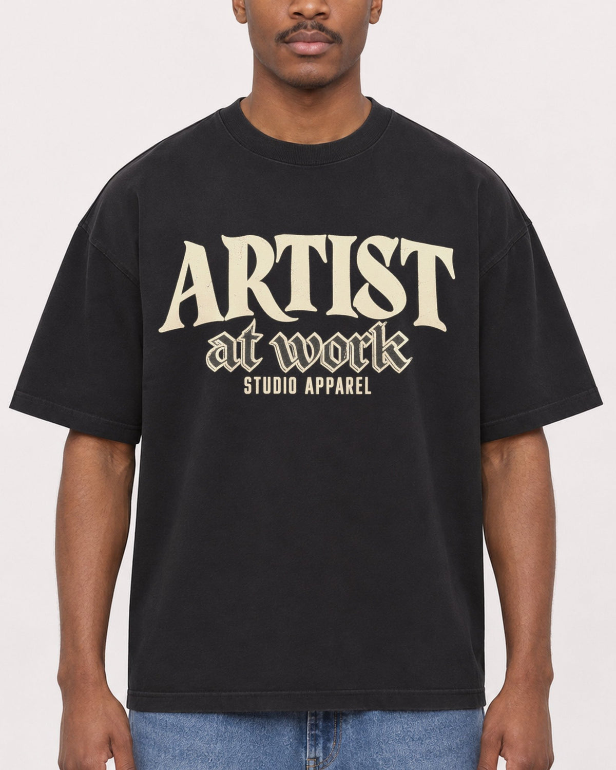 Mockup Boxy Heavyweight Tee Black male close-up 14