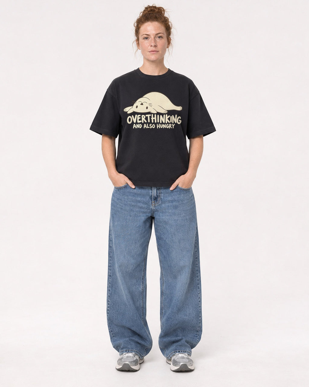 Mockup Boxy Heavyweight Tee Black female full-body 28