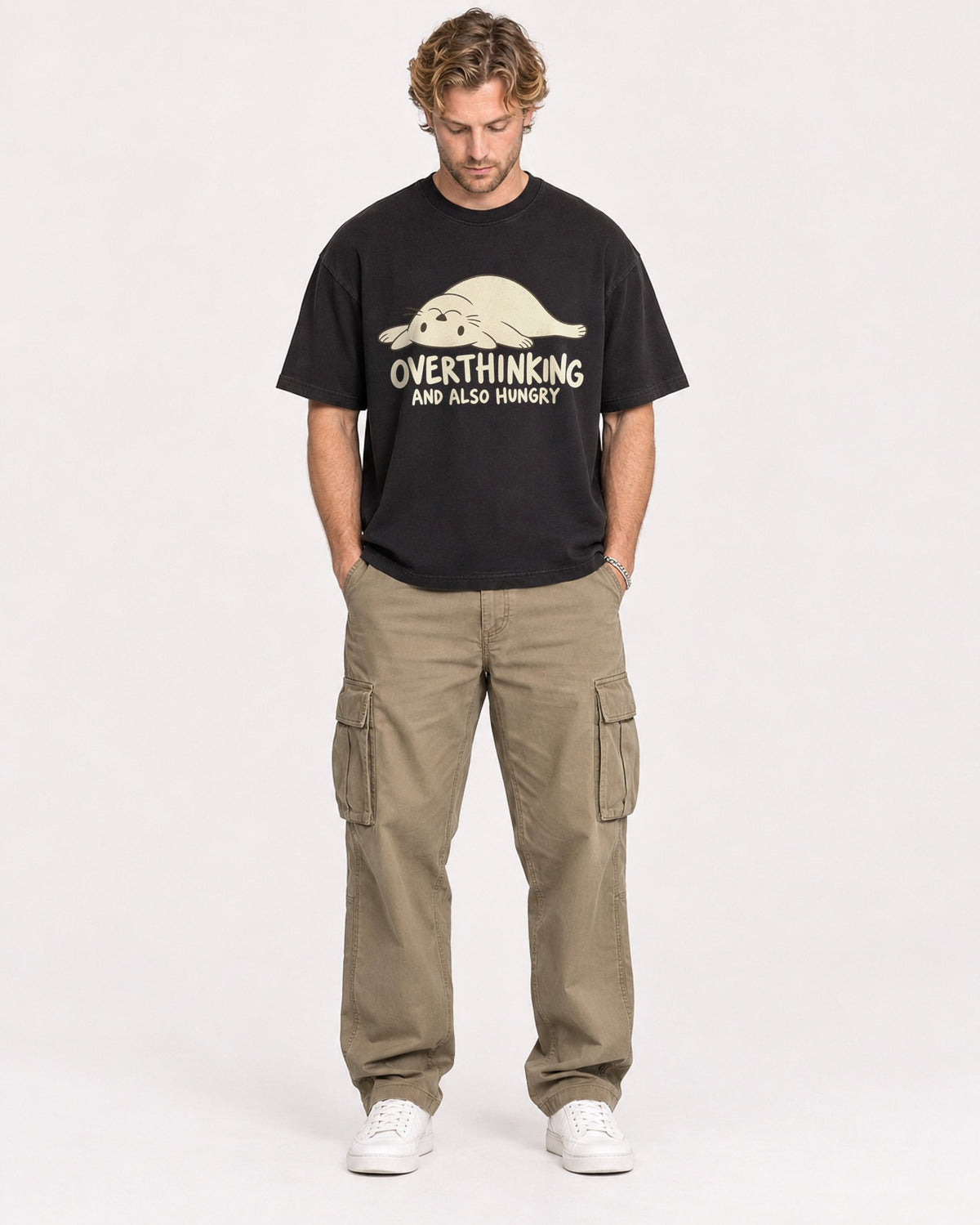 Mockup Boxy Heavyweight Tee Black male full-body 28