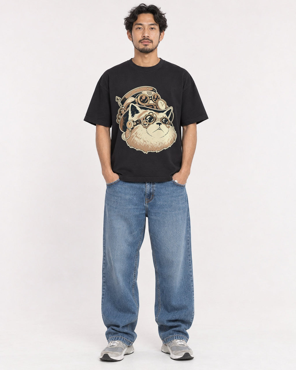 Mockup Boxy Heavyweight Tee Black male full-body 02