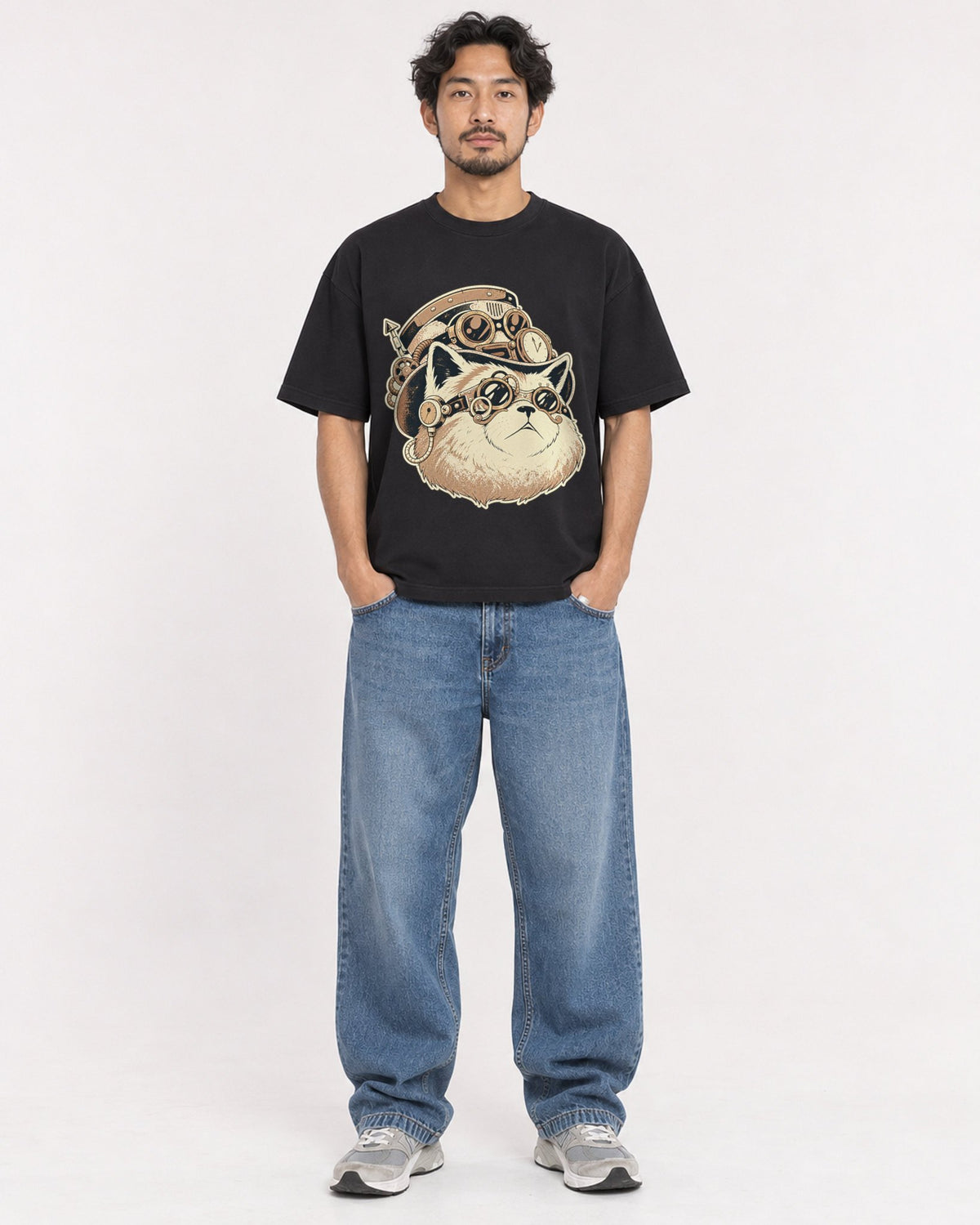 Mockup Boxy Heavyweight Tee Black male full-body 02